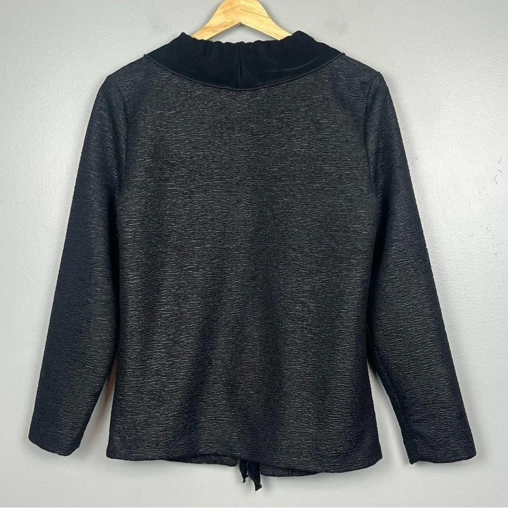 Chico’s black textured ruffled shawl collar single hook closure jacket, medium.